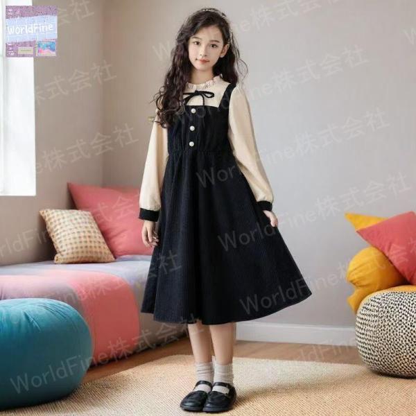 子供服 キッズ ワンピース 重ね着風 女の子 長袖 リボンワンピース 子供服 子どもワンピース フォ...