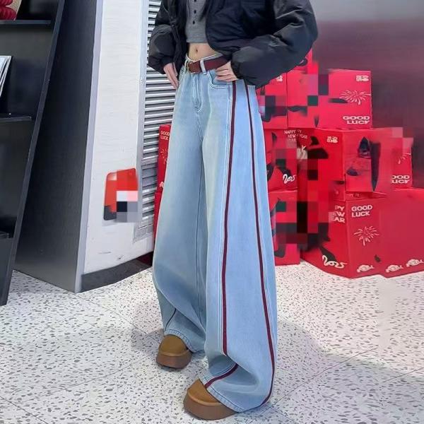 デニムパンツ ワイドパンツ レディース 美脚 大きいサイズ サイドライン ボトムス 大きいサイズ 型...