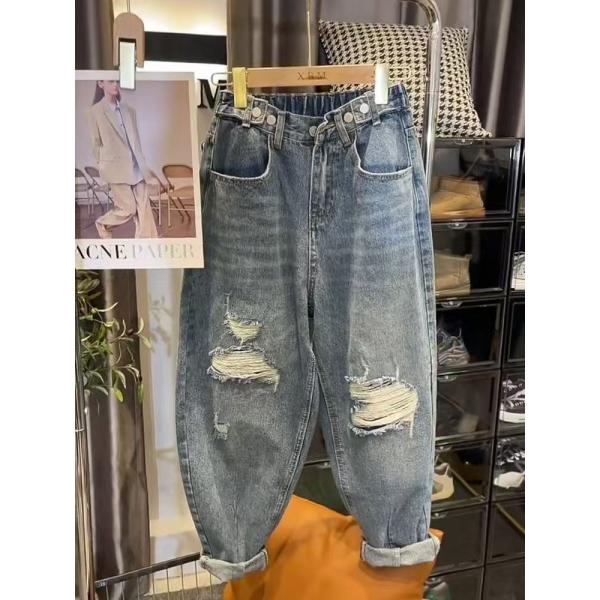 レディース デニムパンツ ワイドパンツ ダメージ加工 ウエストゴム 夏 ゆったり 大きいサイズ 九分...