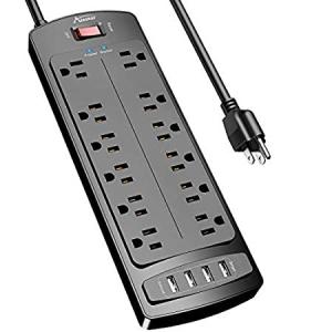 Power Strip, Alestor Surge Protector with 12 Outlets and 4 USB Ports, 6 Fee