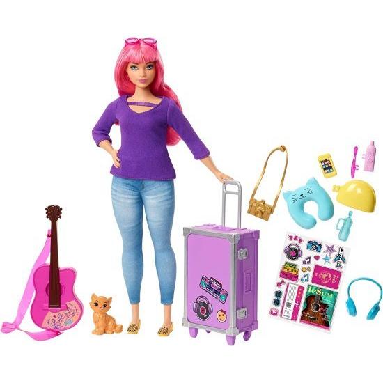 Barbie バービーデイジードール、ピンクの髪、曲線、子猫、ギター、オープニングスーツケース、ステ...