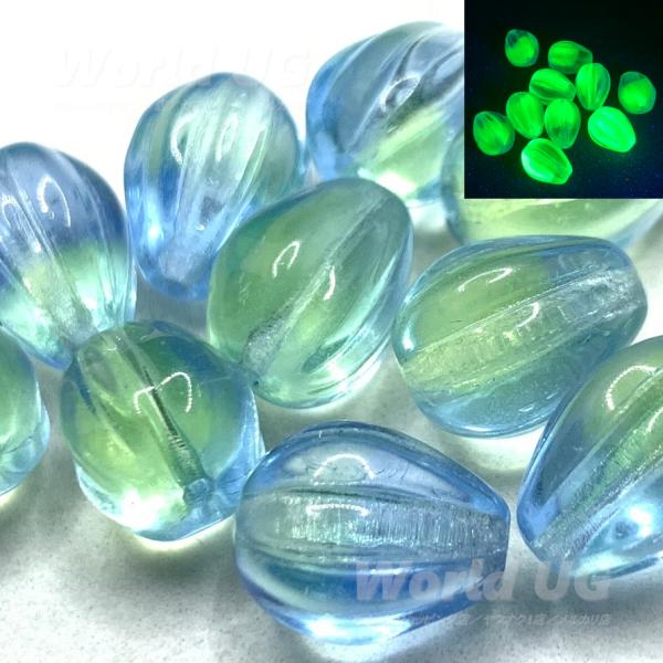 再々々入荷 ウランガラス フルーツドロップビーズ ペールブルー/黄色2トーン 11mm 10粒