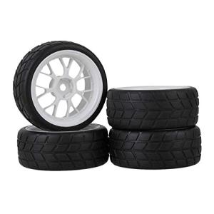 Mxfans 4個入れ RC1:10オンロードカーのため ホワイト プラスチック製 Y型ホイールリム &amp; ブラック チェッカー柄のラバータイヤ