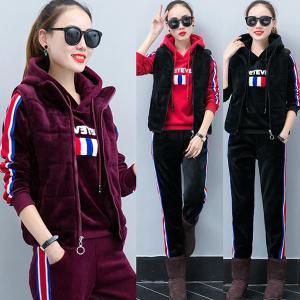 スウエット ベスト付き 3点セット 裏起毛 ジャージ上下 スウェット レディース 上下セット パーカー　フード付き セットアップ ルームウェア 長袖 秋冬 F-1028