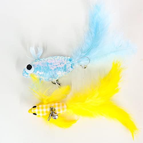 面白い猫のおもちゃの自然な鳥の羽猫 おもちゃ 、1つの拡張された弾性鋼の釣り竿は鳥の青と黄色を置き換...