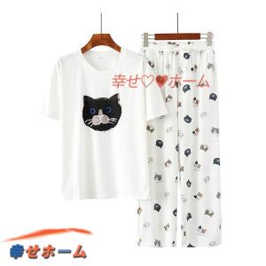 半袖 ルームウェア Tシャツ レディース モダール パジャマ 猫柄 ウサギ柄 かわいい 寝間着 二点セット 寝巻き 春 夏 秋 快適 吸汗｜wrsmstore2