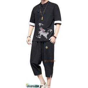 メンズ セットアップ 半袖 Tシャツ 和柄 夏 トップス ハーフパンツ 綿麻 七分丈 おしゃれ 上下セット 部屋着 大きいサイズ   ズボン｜wrsmstore4