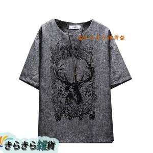 ハンサム 半袖Tシャツ 和風 メンズTシャツ コットンリネン 速乾 プリント トナカイ柄 夏用 柔らかい  通気性 ?量 お肌に優しい   薄手｜wrsmstore4