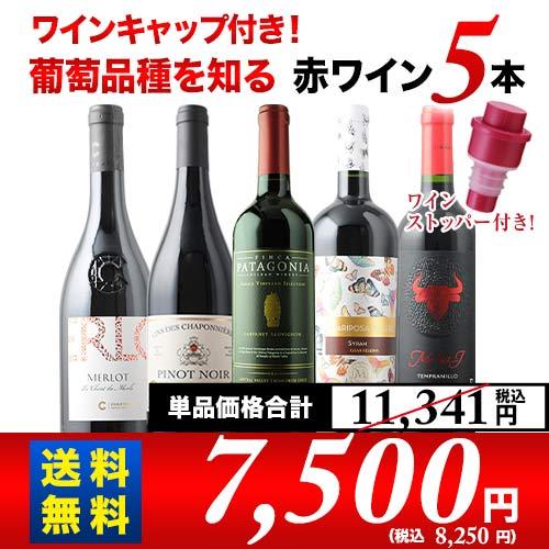 ワイン ワインセット ワインキャップ付き！ブドウ品種を知る赤ワイン5本セット 送料無料 「6/18更...