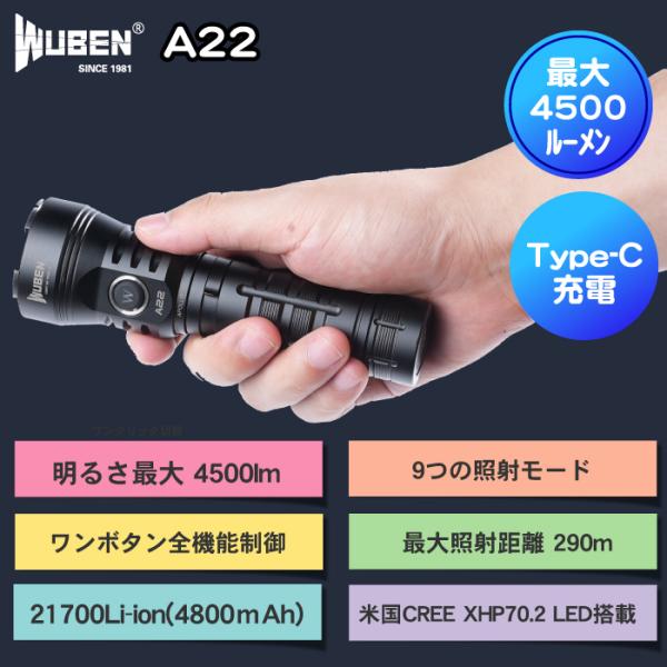 WUBEN 【A22】 フラッシュライトCREE XHP70.2 4500LM 充電式 防水IP68...