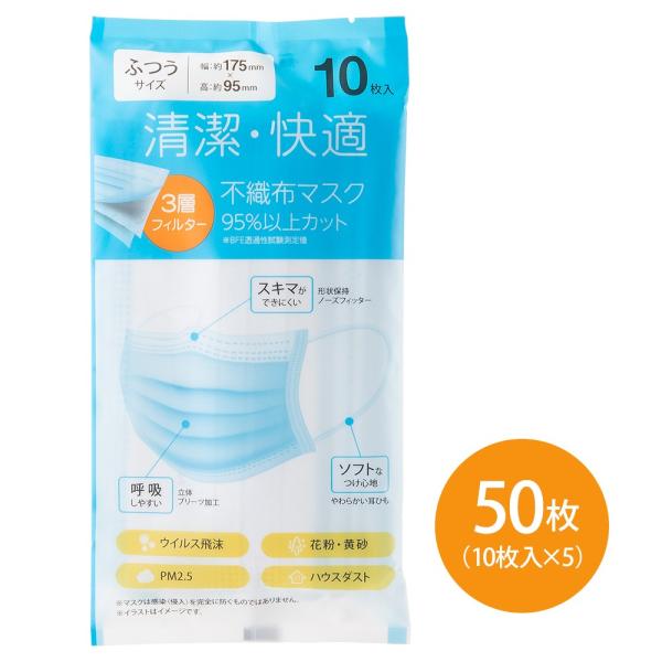 1袋10枚入密封包装　清潔・快適不織布マスク50枚セット　大人男女兼用サイズ【在庫あり、即納】