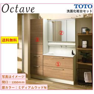 【送料無料】TOTO 洗面化粧台3点セット オクターブ 間口1350 化粧台本体900+三面鏡(タッチレスワイドLED/エコ無し)+トールキャビネット(LDSFB090BCGAN1)