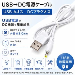 [9]USB DC電源ケーブル USB-A DCプラグ 外径2.0mm 1m ホワイト USB給電ケーブル USB-Aオス - DCプラグオス 小型家電 防犯カメラ 充電用 1本 2本 3本 10本