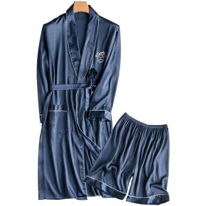 メンズシミュレーションのシルクパジャマはナイトガウン春と秋の薄いセクション長袖ホームサービスPjを設定し、日本バスローブローブを設定します。 (Color : A