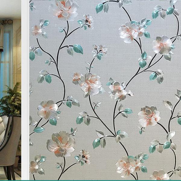 窓フィルム ガラスシール 目隠し 花柄/葉柄 3D 装飾 外から見えないシート はがせる 断熱 水で...