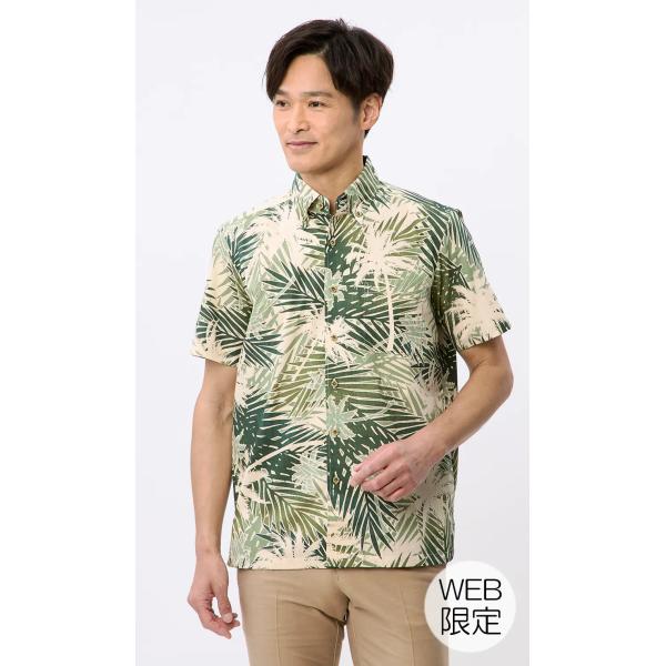 【洋服の青山】春夏 グリーン系 かりゆしウェア【Kahu】【パームシルエット】【WEB限定】 半袖 ...