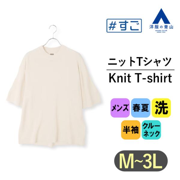 【洋服の青山】すごシャツ ニット Tシャツ メンズ 半袖 春夏用 ホワイト系 白無地 洗える 洗濯 ...
