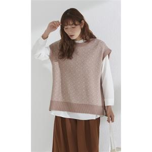 【洋服の青山】オールシーズン用 ベージュ系 ジャカードニット×とろみブラウスアンサンブル【オンラインストア限定】｜y-aoyama