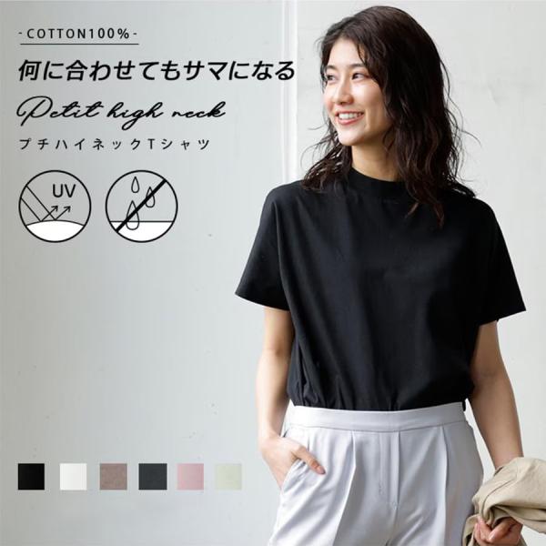 【洋服の青山】春夏用 ブラック系 綿100%プチハイネックTシャツ［UVカット］［汗ジミ防止］［オン...