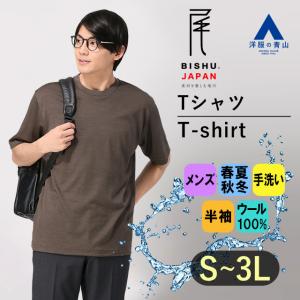 【洋服の青山】尾州産地 ウール100% Tシャツ メンズ S-3L ブラウン 半袖 クルーネック ハンドウォッシュ 大きいサイズ ACTIBIZ｜y-aoyama