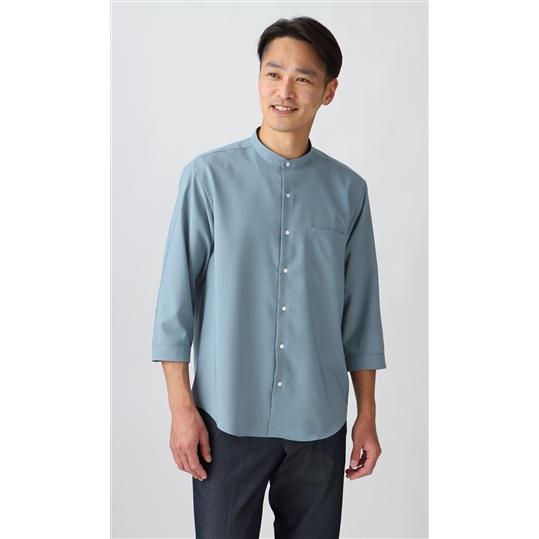 【洋服の青山】オールシーズン用 ブルー系 リネンライクバンドカラーシャツ【7分袖】【Reflax】 ...