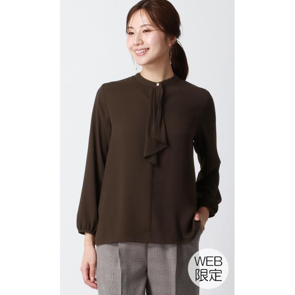 【洋服の青山】《最短当日発送》フリル ボウタイ ブラウス シフォン 長袖 ブラウン 茶色 透けない ...