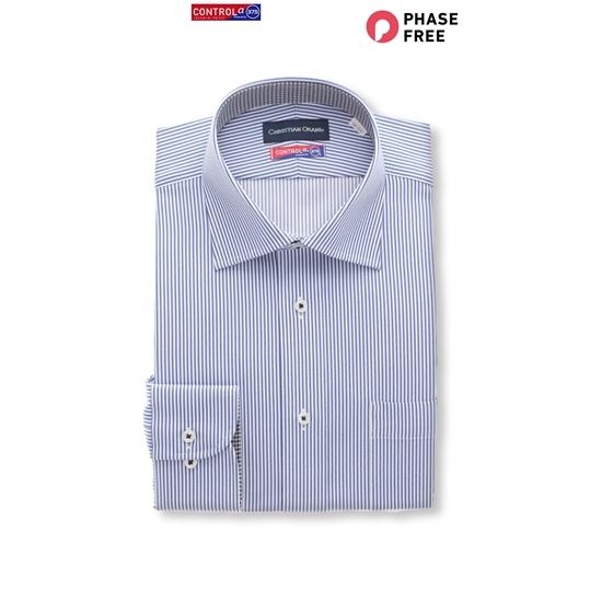 【洋服の青山】オールシーズン用 ブルー系 ワイドカラースタンダードワイシャツ【CONTROLα】 C...