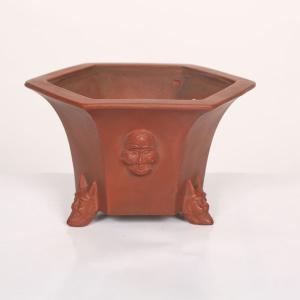 盆栽小鉢:美芸(常滑)六角鬼面足面付鉢 15....の詳細画像1