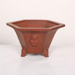 盆栽小鉢:美芸(常滑)六角鬼面足面付鉢 21....の詳細画像1