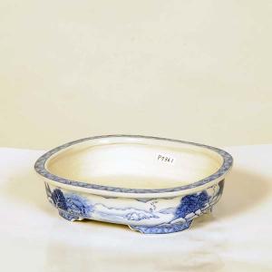 現代小鉢：月香　縁付楕円鉢　17.0cm【現】(共箱・共布　有)