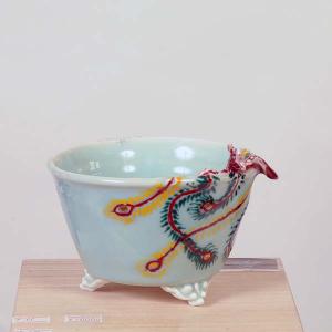 現代小鉢：屯洋　青磁辰砂鳳凰刻丸鉢　12.5ｃｍ【現品】*tonyou
