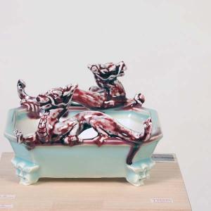 現代小鉢：屯洋　青磁辰砂龍刻長方鉢　16.7ｃｍ【現品】*tonyou