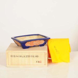 現代小鉢：月香　長方鉢『瑠璃釉赤絵山水楼閣図』*14.5cm【現品】gekkou
