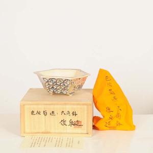 現代小鉢：俊泉　六角鉢『色絵菊透し六角鉢』【現品】*shunsen　15.4cm