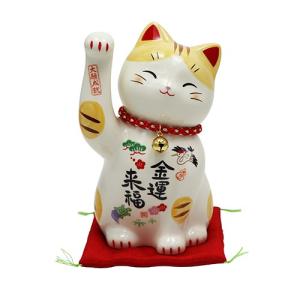 大阪長生堂 招き猫 置物 陶器 福がさね 猫 高さ：17.5cm 木札に毛筆で
