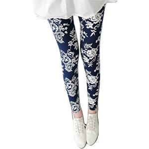 レギンス レディース パンツ 柄物 9分丈 美脚 伸縮 ストレッチ素材 スキニー フリーサイズ B (紺 (花ペイズリー