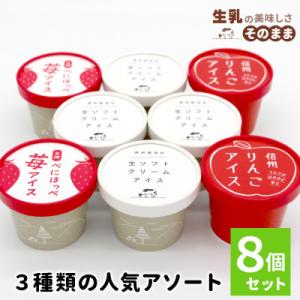 ふるさと納税 根羽村 3種類の人気アソート 8個入り 生ソフトクリームアイス べにほっぺ苺 信州りんごアイス 詰め合わせ
