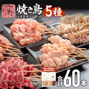 ふるさと納税 宮崎市 国産若鶏の焼き鳥5種60本バラエティセット【冷凍】計1.74kg