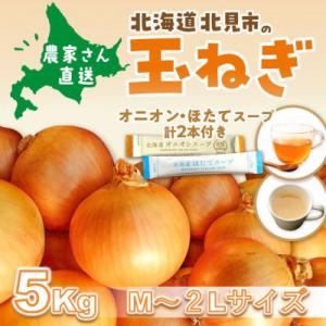 ふるさと納税 北見市 生産量日本一北海道北見玉ねぎ5kg　スープ計2本付(オニオン・ほたて)2026...