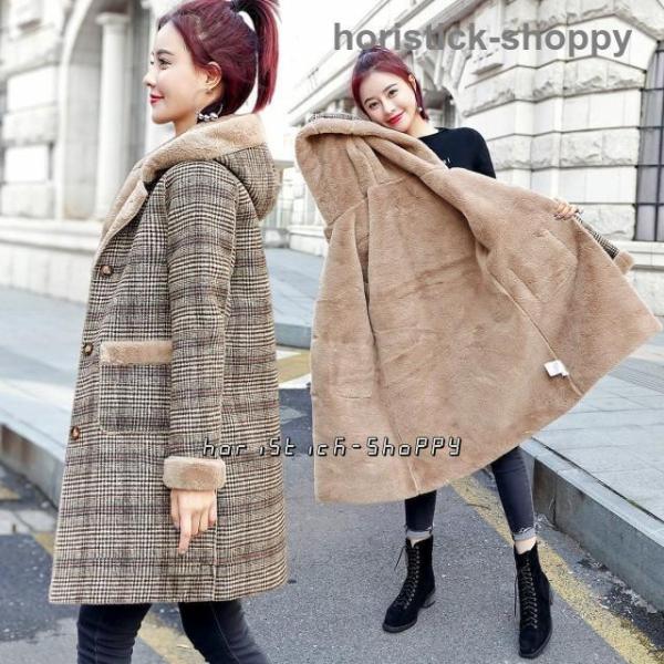 グレンチェック 裏ボア コート レディース アウター 冬 チェックコート フード付きコート ミドル丈...