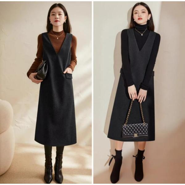 ワンピース レディース Vネック ロング丈  重ね風 ポケット付   ジャンパースカート Vネックワ...