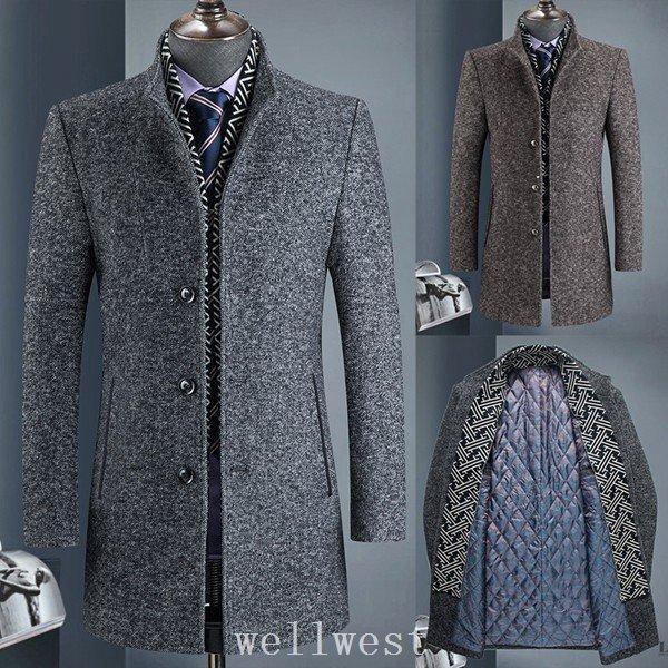 ビジネスコートチェスターコートメンズウールコートロング丈スタンドカラーメルトンコート中綿いりジャケッ...