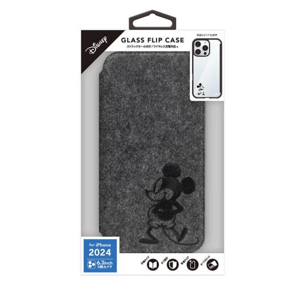 PGA　iPhone 16 Pro用 ガラスフリップケース Premium Style ミッキーマウ...