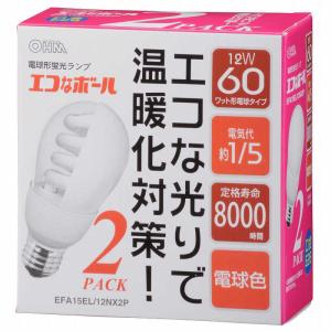 オーム電機　電球形蛍光灯 E26 60形相当 電球色 エコなボール 2個入 EFA15EL/12NX2P　EFA15EL12NX2P