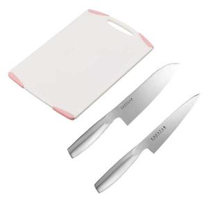 オールステンレス 三徳包丁165mm ペティナイフ+軽い まな板 ピンク Lサイズ 3点セット 貝印