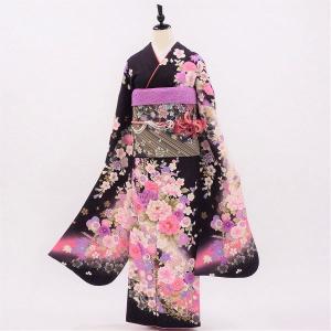 美しい花柄の振袖 着物一式（帯・帯あげ・帯締め・長襦袢・重ね襟） 正絹振袖+半衿付き長襦袢+帯+帯揚+帯〆+重衿 6点セット 大人