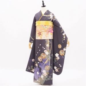 振袖 中古 フルセット 正絹 一式 成人式 着物 格安 美品 黒 ピンク 桜