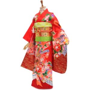 中古 七五三 正絹 7〜11歳女児用 祝い着 着物 長襦袢セット 朱色地に蝶