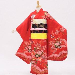 中古 七五三 正絹 7〜11歳女児用 祝い着 着物 長襦袢セット 朱色地に蝶