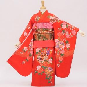 中古 七五三 正絹 7〜11歳女児用 祝い着 着物 長襦袢セット 朱色地に蝶